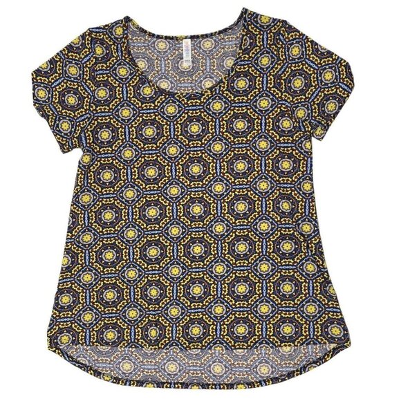 LULAROE Simply Comfortable Women's Hi-Lo‎ Top Large Yellow/Blue Pullover Stretch - Picture 1 of 9